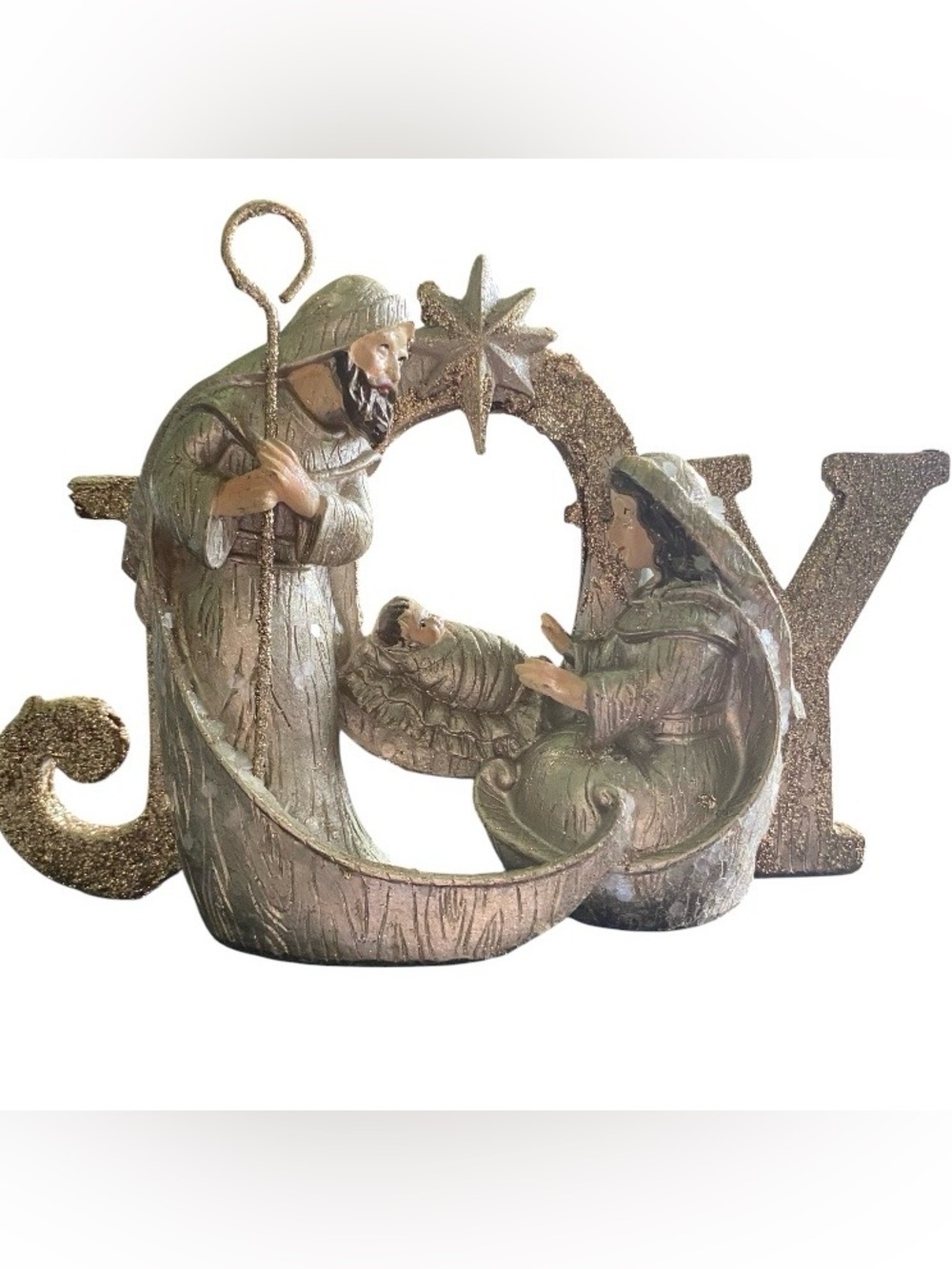 Elegant Religious JOY Nativity Christmas Mary Joseph Jesus Glittery Gold 1 Piece
